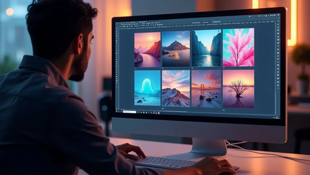 A person using Gramhir.pro AI Photo Generator on a computer, creating a high-resolution AI-generated image in different artistic styles